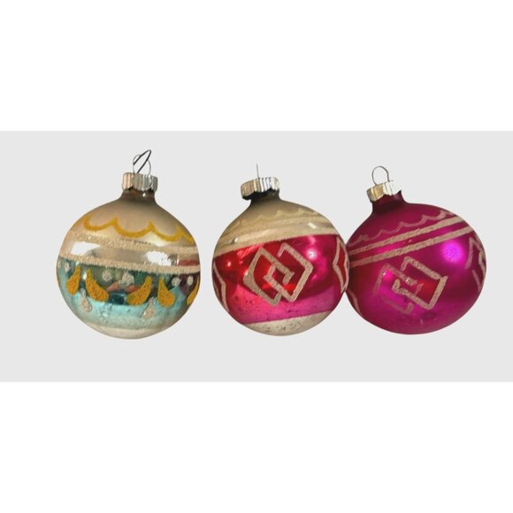 Other - Vintage Shiny Brite Stenciled Glass Ornaments Set 3 USA 1950s Mid Century 2.25”